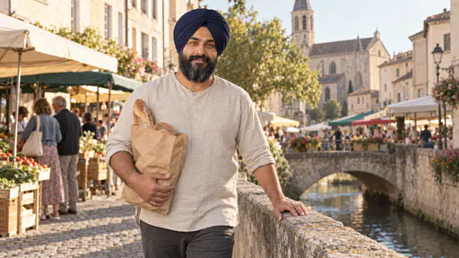 A sturdy man with a full black beard and a plain navy turban crosses a stone footbridge over a narrow river with a paper bag of bread under one arm and one hand on the parapet, market awnings and a church tower behind him in warm afternoon light.