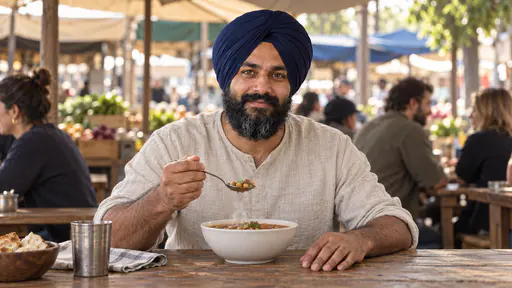 A sturdy man with a full black beard and a plain navy turban eats from a plain white bowl of steaming stew with a spoon at a long shared wooden table under a market awning, other diners blurred around him in soft shaded daylight.