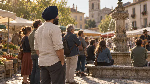A sturdy man with a full black beard and a plain navy turban stands with his hands in his pockets at the edge of a small crowd round a stone fountain in a market square, market stalls and a church tower beyond.