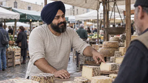 A sturdy man with a full black beard and a plain navy turban points with one finger at a wedge of pale cheese on a board at a market cheese stall, wheels of cheese and a hanging scale behind the counter and a blurred vendor at the edge of the frame.