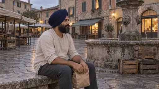 A sturdy man with a full black beard and a plain navy turban sits alone on a stone bench beside a fountain in a swept, nearly empty market square at dusk with a paper bag on his knee, lit windows round the square and a few crates against the fountain.