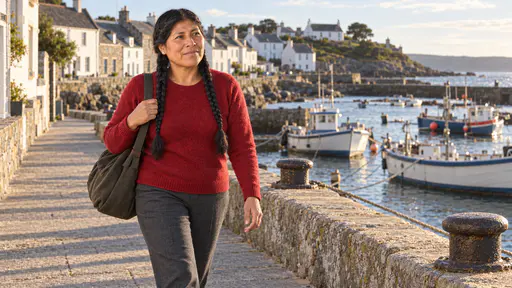 A sturdy woman with two long black braids in a deep red wool sweater strolls along a harbour promenade with a holdall on her shoulder, moored boats bobbing beside a low sea wall and white harbour-front houses behind her in warm mid-morning light.