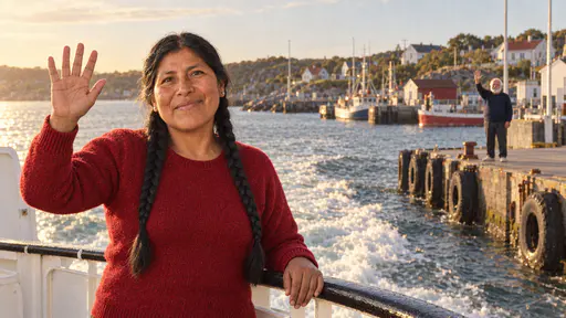 A sturdy woman with two long black braids in a deep red sweater waves from the stern rail of a departing ferry while a small white-bearded man in a navy sweater waves back from the quay, boats and white houses shrinking behind in warm golden light.
