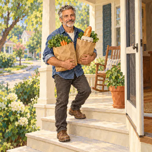 A grey bearded volunteer in a denim work shirt carries two bags of vegetables, bread and eggs up three porch steps to an open screen door beside a rocking chair.