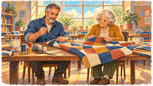A grey bearded volunteer in a denim work shirt hand sews a patchwork blanket at a long community table with spools of thread, a pincushion and scissors in warm window light.