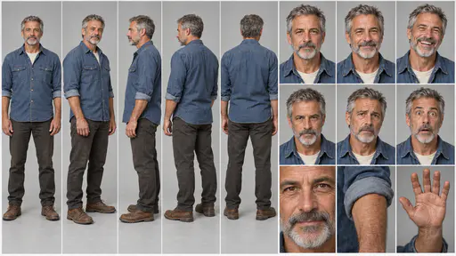 A fictional adult man volunteer in his fifties with a grey beard and a denim work shirt shown in five full body views, six expressions and three details on neutral grey.