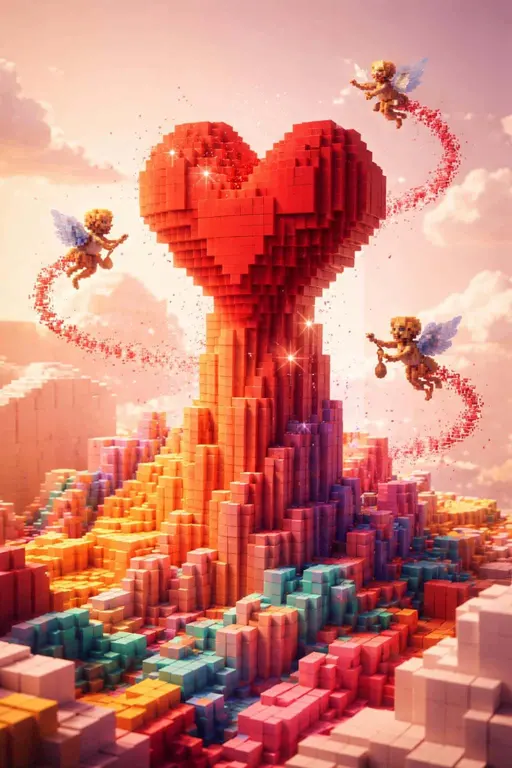 A towering voxel heart rises from a colorful block landscape in a vertical 2:3 frame, with orbiting pixel cupids, red dust trails, and a soft peach skybox.
