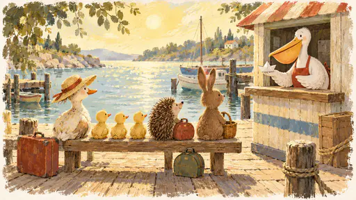A mother duck with three ducklings, a hedgehog with a small round suitcase and a rabbit holding a woven basket sit in a row on a wooden quay bench looking out at the water while a round white pelican in a red apron leans from the kiosk window with a paper boat in warm sun.