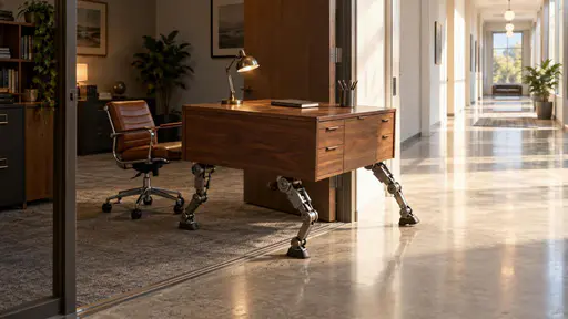 Out of office: surreal side three-quarter photograph of a complete office desk halfway through a doorway, mechanical legs stepping from office to hall; its wheeled chair remains behind it in the office.