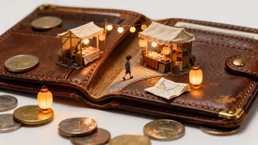 A slightly opened wallet reveals a miniature night market nested along its fold, warm lantern light spilling across tiny stalls while a small child walks the strip like a busy street scene.