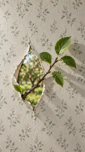 Torn sage botanical wallpaper on a plaster wall with a real leafy twig grown through a tear-shaped aperture, its sharp shadow crossing the printed sprigs and a blurred orchard glowing behind the opening.