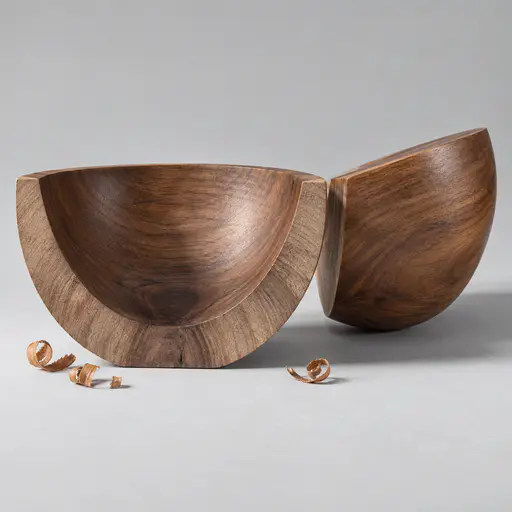 A hand turned walnut bowl is sliced in half to show growth rings and dark heartwood beside the intact oiled outer half with a few curled shavings on a pale grey backdrop.