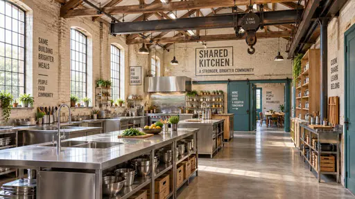 A converted brick warehouse contains kitchen counters, sinks, cupboards and clear aisles beneath old timber trusses and a retained loading rail.