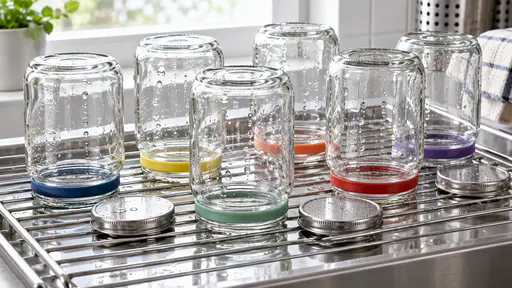 Washed clear glass jars with coloured silicone rings stand upside down on a stainless steel draining rack with their steel lids beside them, water drops clinging to the rims in clean bright backlight.
