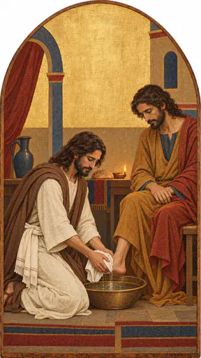 A kneeling figure in a linen tunic and brown mantle washes the bare feet of a seated disciple with a towel and a bowl of water in a lamp lit upper room in egg tempera.