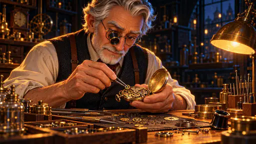 An elderly watchmaker with round glasses and a magnifier over one eye adjusts the tiny gears of a vintage pocket watch under a warm desk lamp in a dim workshop.