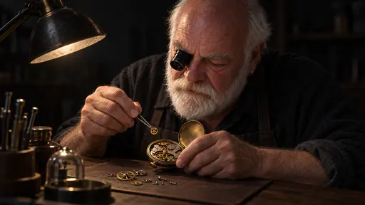 A white-bearded man with a bald crown and a jeweller's loupe in his right eye holds tweezers over the open movement of a brass pocket watch at a dark wooden bench, lit by a narrow side lamp, with loose screws on a leather mat.