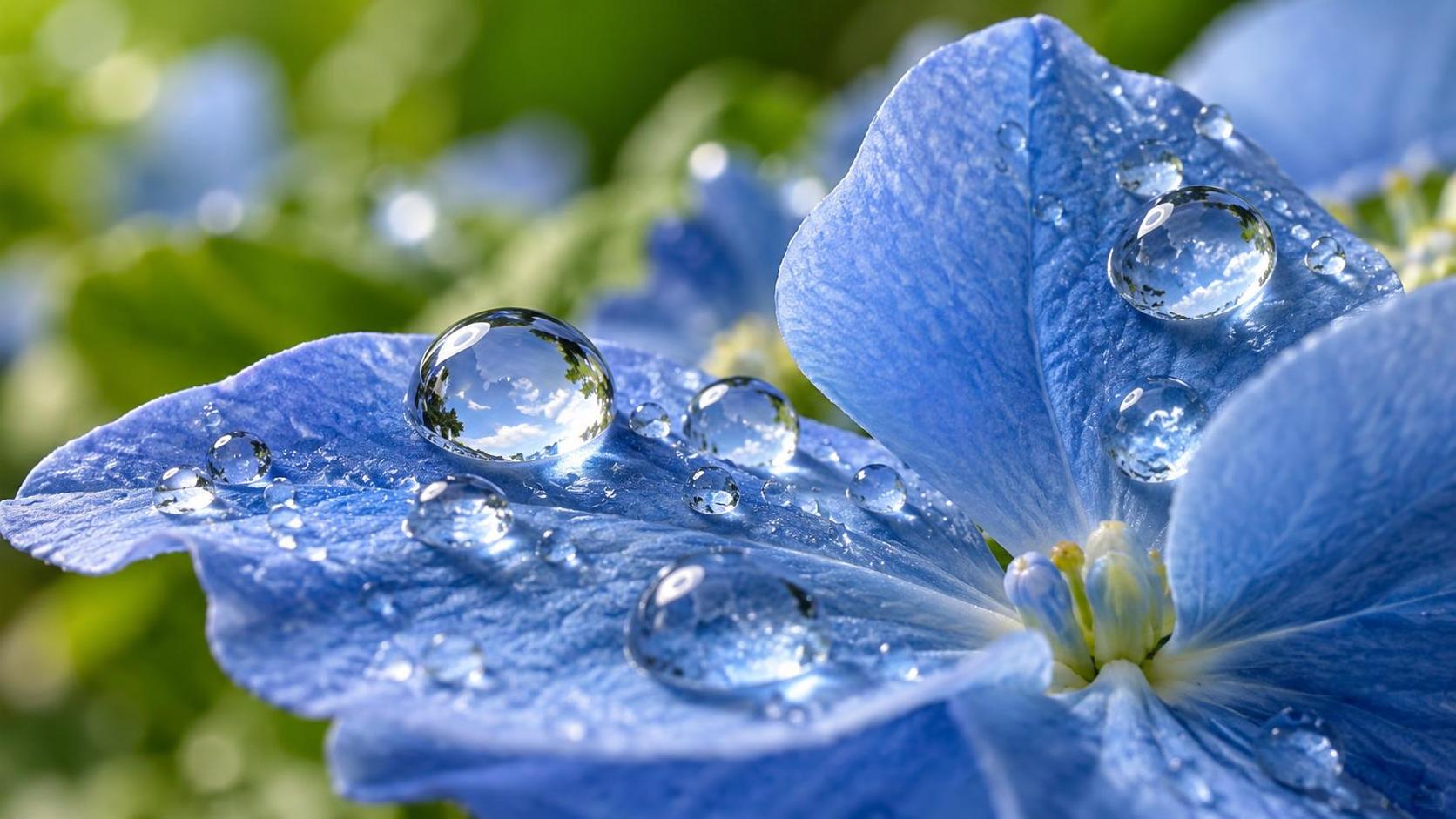 A close up of crystal clear water droplets resting on the velvety petals of a blue flower with each droplet reflecting the sky and a soft green blur behind.