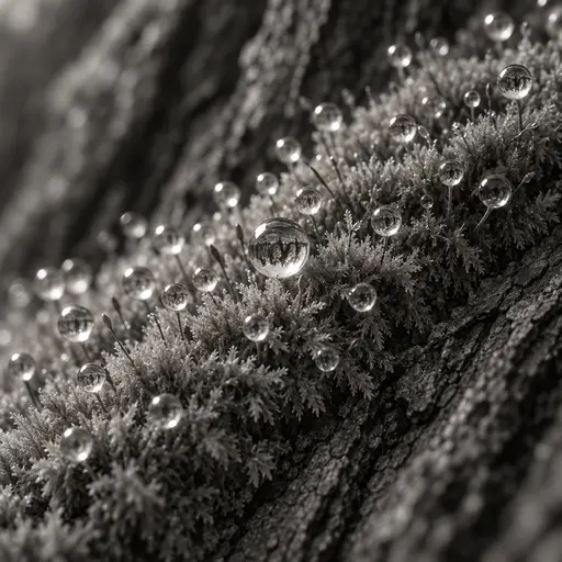 A black and white macro photograph of moss on an oak bark ridge with about forty water droplets on slender stalks, the largest near the centre holding an upside-down reflection, dark furrowed bark behind and a soft blurred background.