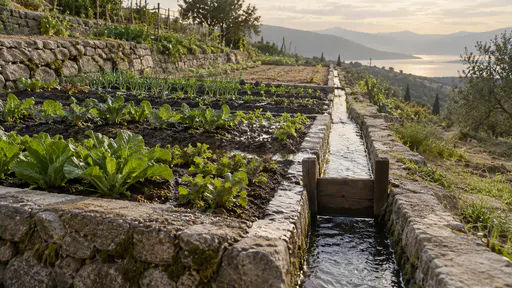 A thin ribbon of water runs along a narrow stone channel past dark well-watered terraced vegetable beds and just reaches the last pale dry bed at the far end beside a wooden sluice board in low golden morning light.
