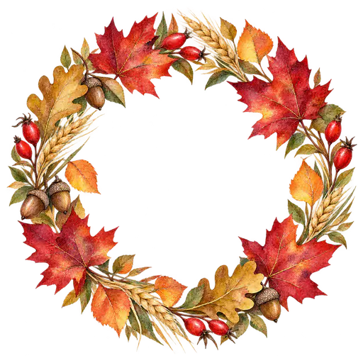 A round watercolor wreath ring of red maple, gold oak and orange birch leaves with small acorns, wheat stalks and rose hips and a wide open transparent centre.
