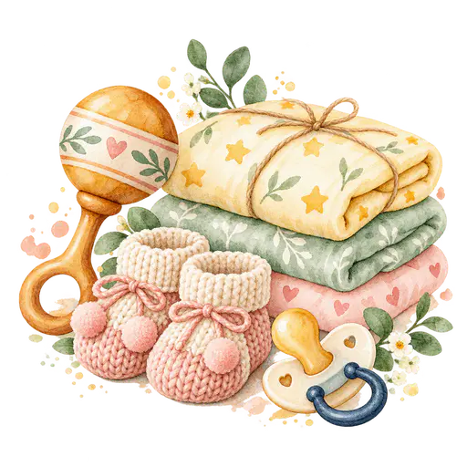 A watercolor cluster of a wooden rattle, a pair of tiny knitted booties, a pacifier and a small stack of folded pastel yellow, mint and blush blankets, on a transparent background.