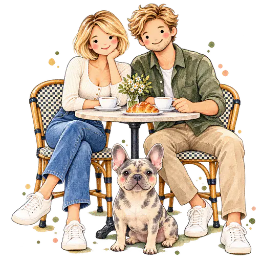 Watercolour clip-art illustration of a blonde woman with a short bob and a blond man with dot eyes and rosy blush cheeks seated at a round cafe table with coffee cups, a croissant and a small vase of daisies, a merle French bulldog with blush cheeks sitting in front, small paint-splatter dots around them on a transparent background.
