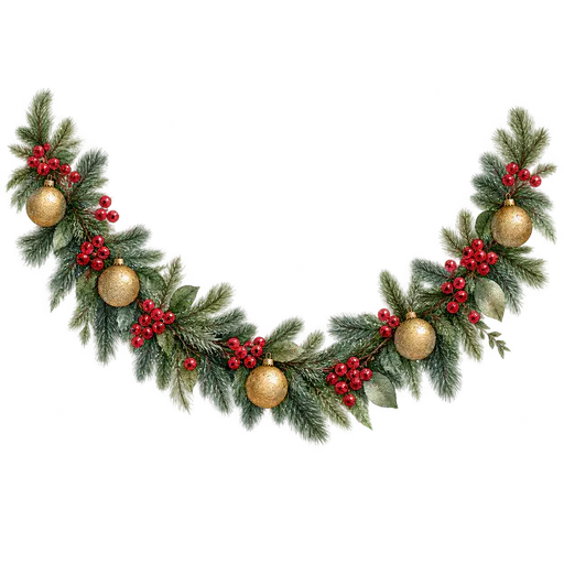 A watercolor swag garland of pine branches, red berries and small gold baubles drooping in the middle with both ends rising, on a transparent background.