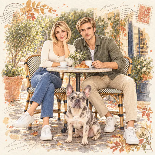 Watercolour diary-style painting of a couple and French bulldog at a cafe table with autumn leaves, postmark and stamp decorations