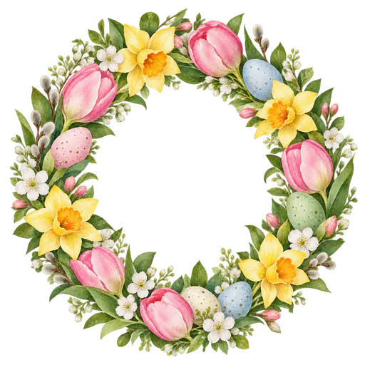 A round watercolor Easter wreath ring of pink tulips, yellow daffodils, white blossom, fresh leaves and small pastel painted eggs with a wide open transparent centre.