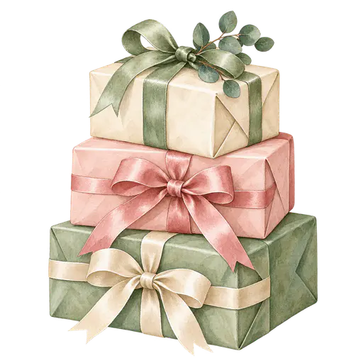 A watercolor stack of three gift boxes wrapped in cream, blush and sage paper with satin ribbons and bows and a small eucalyptus sprig under the top bow, on a transparent background.