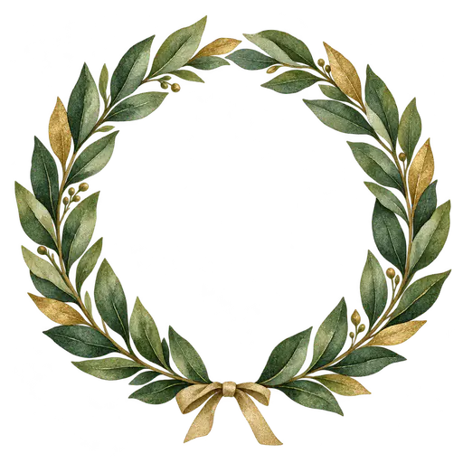 A round watercolor laurel wreath ring of green and olive leaves with a few gold-tinted leaves and a small ribbon tie at the bottom and a wide open transparent centre.