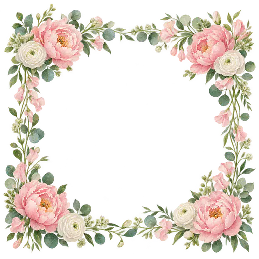 A rectangular watercolor frame of blush peonies, white ranunculus, sweet peas, eucalyptus and small white blossom gathered at the four corners and joined by trailing stems, with a large open transparent centre.