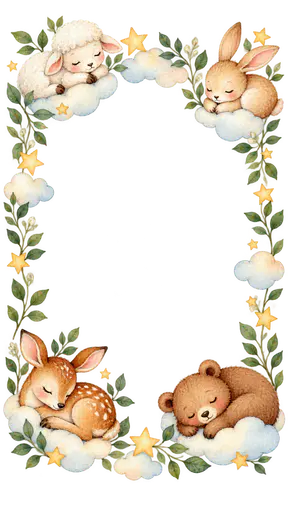A tall watercolor frame of a sleeping lamb, bunny, fawn and bear cub on small clouds among leafy sprigs, stars and a crescent moon along the four sides, with a large open transparent centre.