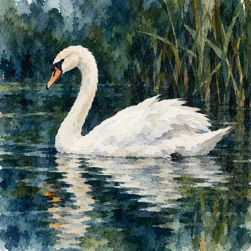 A swan gliding left, white body and curved neck left as bare paper, deep green, teal and blue-black washes of water and reeds, rippled reflection, orange beak.