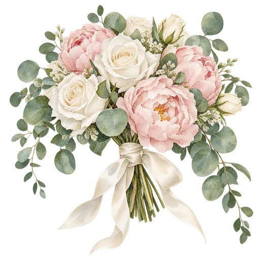 A watercolor bouquet of white roses, blush peonies and trailing eucalyptus tied with an ivory satin ribbon with curling ends, on a transparent background.