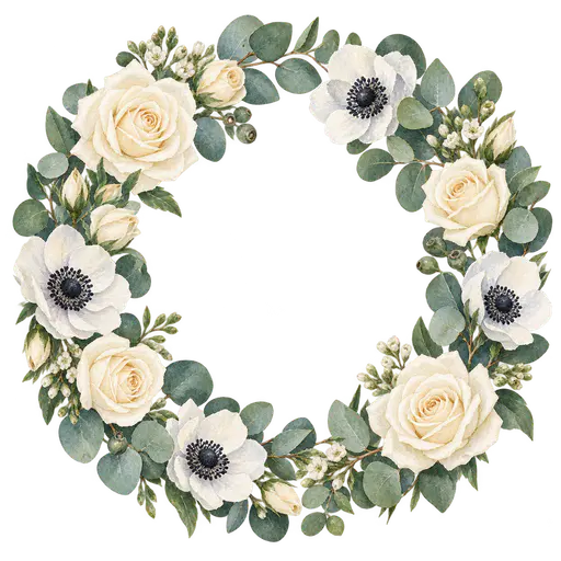 A round watercolor wreath of ivory roses, white anemones and eucalyptus leaves with a wide open centre on a transparent background.