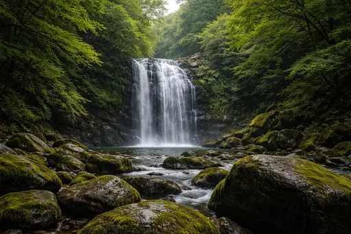 Wide 3:2 landscape photograph of a cascading waterfall framed by mossy rocks and dense greenery, composed for a wallpaper-style scenic layout with calm mood.