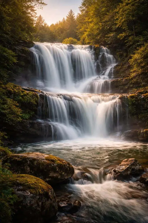 A long-exposure landscape photograph of a wide waterfall framed in a 2:3 portrait crop, with rocky foreground and verdant greenery for a poster-style wallpaper feel.