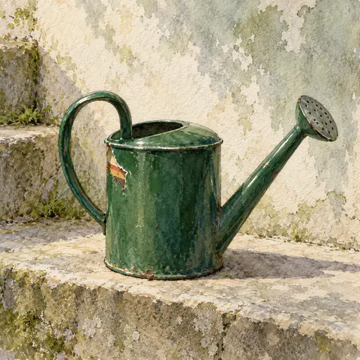 Watercolor of a forest green enamel watering can on a worn stone step, one chip beside the handle showing cream, red, mustard and bare iron layers.