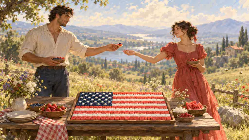 Picnic table platter arranging watermelon coconut and blueberries into a flag with sharing hands.