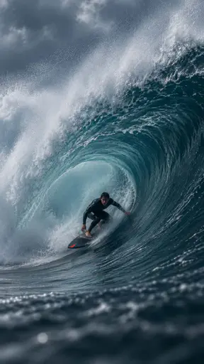 A surfer rides inside the curl of a massive blue wave.