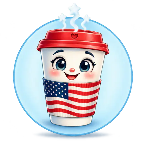 Sticker badge of a takeaway coffee cup wearing a waving flag sleeve with starry steam. Thirteen tidy stripes and a neat star canton pop on the cut.