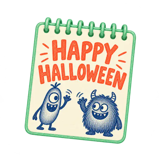 A mint-green spiral notebook isolated on transparency, with cream paper, coral HAPPY HALLOWEEN lettering and two navy-blue colored-pencil monsters waving below, one bean-shaped and one shaggy with horns.