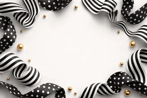 Top-down 3:2 3D-render of decorative wavy ribbon forms and scattered gold spheres, kept as a clean elegant background for layouts and posters.