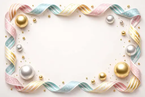 A clean product-photography still life of decorative wavy ribbons and metallic spheres arranged as a 3:2 framed composition, suitable for wallpaper or poster use.