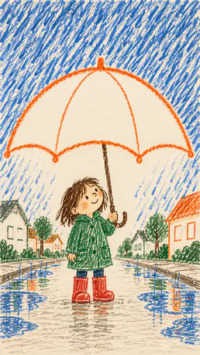 A child's crayon drawing of an orange umbrella whose wax outline stops every blue rain stroke, keeping a dry cream circle around red boots.