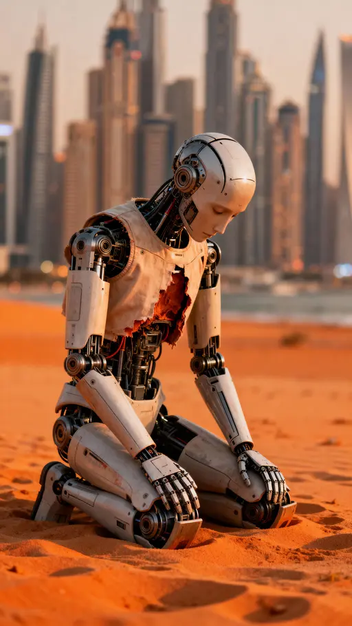 Solitary weathered android with exposed rusted metal plating and worn synthetic skin sits in a contemplative pose atop a mound of concrete debris and twisted steel beams in a desolate post‑apocalyptic metropolitan ruin reclaimed by nature.