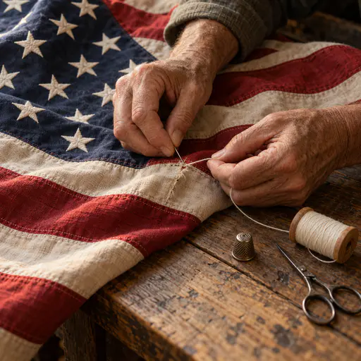 Two weathered adult hands pull a needle and cream thread through the seam between a faded red and a white stripe of an American flag on a worn wooden table with a thimble and scissors.