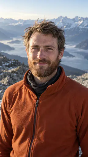 A lean weathered man in his early thirties with a rough auburn beard, tousled brown hair and a healed scar through one eyebrow, in a plain rust-orange fleece with a dark neck gaiter, on a rocky ridge above misty valleys and distant peaks.